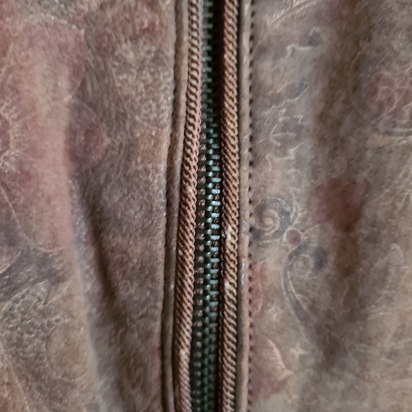 80s VINTAGE LEATHER JACKET Size 8-14 shoulder pads tan floral - Picture 14 of 14